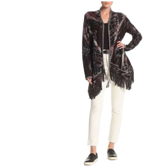 Lucky Brand Aztec Serape Fringe Open Front Cardigan Sweater size Medium - Picture 2 of 10